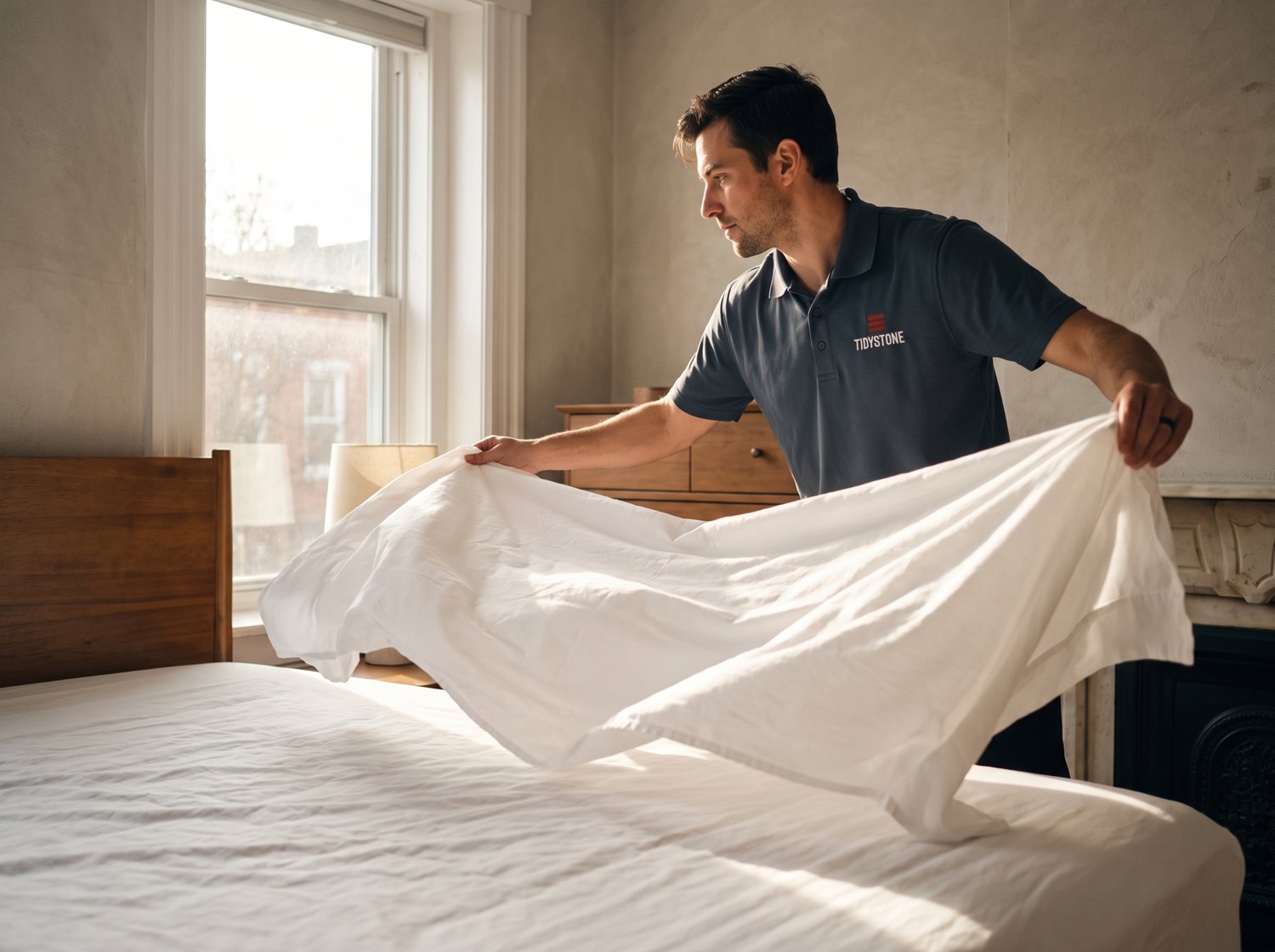 A Tidystone cleaner making a bed with crisp white bedding