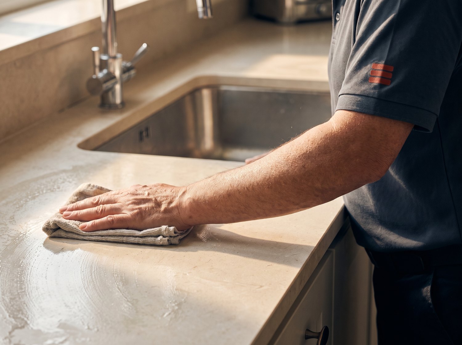A Tidystone cleaner wiping down a kitchen counter