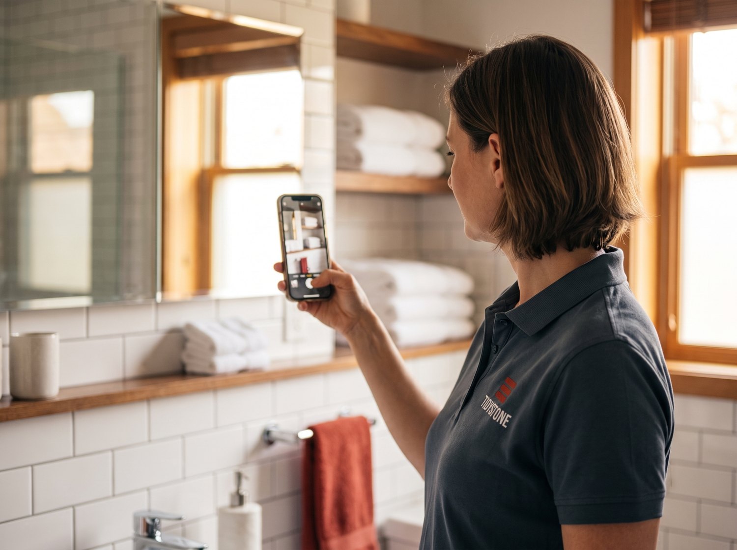 A Tidystone cleaner photographing a finished bathroom to send to the client