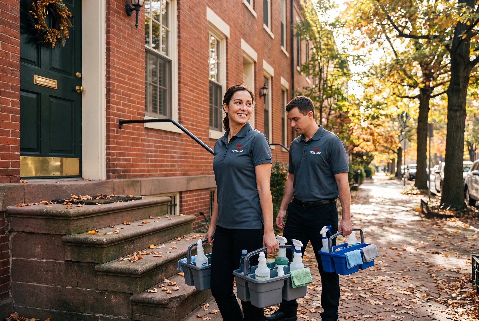 Two Tidystone cleaners arriving at a Washington DC rowhouse
